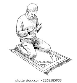 Muslim man praying on prayer mat worshiping Allah. Hand drawn pencil drawing. Vector illustration.