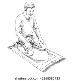 Muslim man praying on prayer mat worshiping Allah. Hand drawn pencil drawing. Vector illustration.