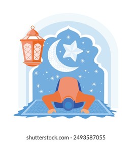 Muslim man praying on a prayer mat. It is decorated with hanging lanterns and crescent moons and stars. Ramadan Kareem concept. Flat vector illustration.