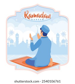Muslim man praying on a prayer mat. Mosque in the background. Ramadan Kareem concept. Flat vector illustration.