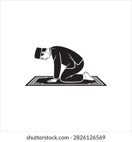 Muslim Man Praying on Prayer Mat in Kneeling Position for Islamic Worship and Religious Practice, Muslim Worshipper Performing Prayer on Traditional Prayer Mat for Islamic Spiritual Practice