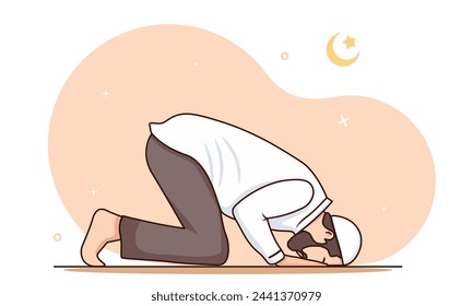 Muslim man praying on sujud bow down gesture. Prayer movement concept. Flat vector cartoon style illustrations isolated.