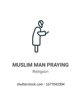 Hombre musulmán rezando un ícono de vector contorno. Icono de oración musulmán negro de línea delgada, simple vector plano ilustración del concepto de religión editable trazo aislado en fondo blanco