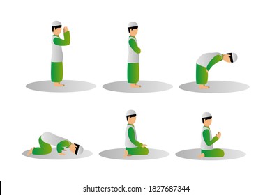 Muslim man praying position step guide instructions illustration design vector