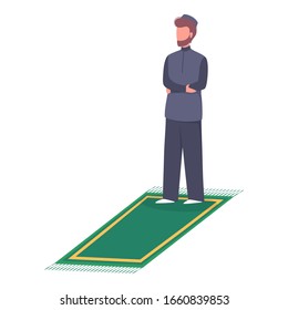 Hombre musulmán rezando posición. Hombre con ropa tradicional haciendo un ritual religioso. Ilustración vectorial plana aislada