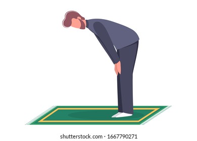 Muslim man praying position. Man in traditinal clothes doing a religion ritual. Isolated flat vector illustration
