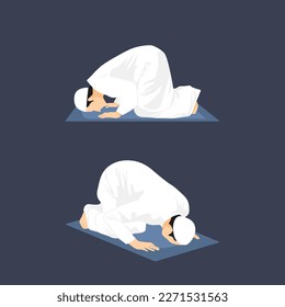 A Muslim man is praying, prostrating and praying