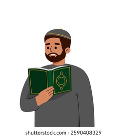 Muslim man praying and read Koran. Eid al-Adha celebration. Traditional Muslim holiday. Ramadan Mubarak celebration. studying islam and commandments of prophet muhammad from book.