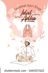 Muslim Man Praying. Selamat Hari Raya Idul Adha Means Happy Eid Al Adha In Arab.