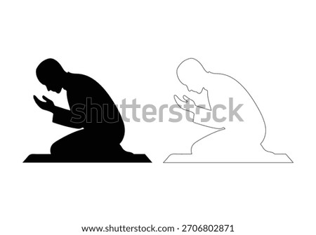 Muslim man praying silhouette vector in black, muslim man standing in prayer silhouette vector illustration on white background.