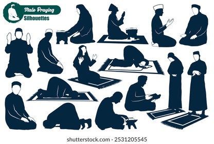 Muslim man praying silhouettes vector illustration