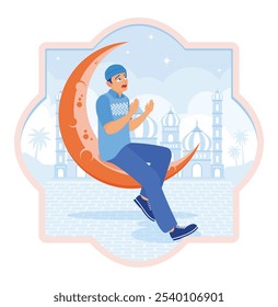 Muslim man praying. Sitting on the crescent moon with a mosque in the background. Ramadan Kareem concept. Flat vector illustration.