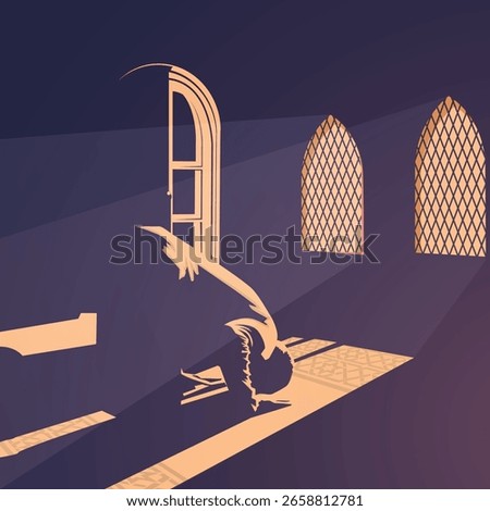Muslim Man Praying in Sujud Pose Inside Mosque with Minimalist Light Style, Muslim Worshiper in Prostration, Quiet Moment of Prayer