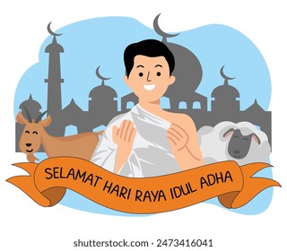 
hombre musulmán rezando usando ihram hajj con ilustración de cabra y oveja sacrificial