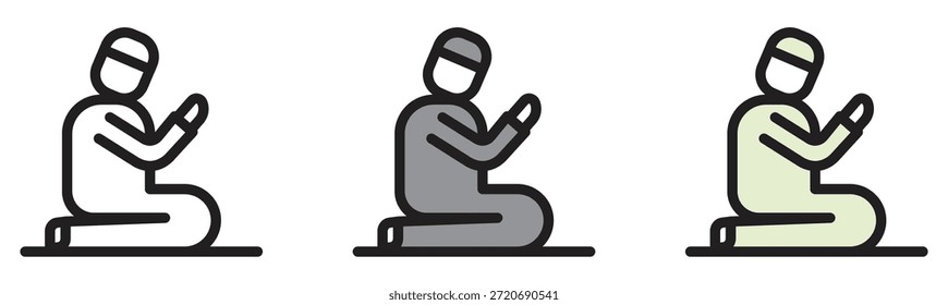 Muslim man praying in various icon styles depicting traditional islamic devotion