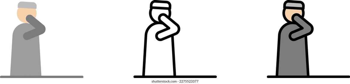 Muslim man praying vector icon in different styles. Line, color, filled outline