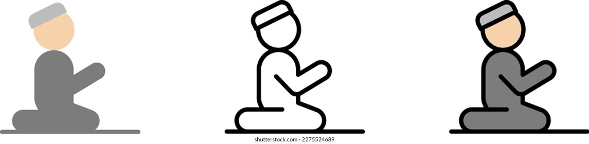 Muslim man praying vector icon in different styles. Line, color, filled outline