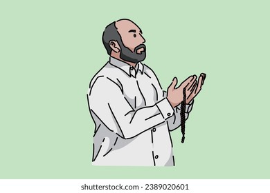 Muslim man is praying while raising his hands. Flat image