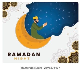 A Muslim man is praying while sitting on a crescent moon. Surrounded by stars in the night sky during the month of Ramadan. Ramadan concept. Flat vector illustration.
