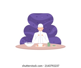 A Muslim Man Prays Before Breaking His Fast. Sit Down And Prepare To Eat At The Dining Table. Ramadan Kareem. Flat Cartoon Illustration. Vector Design Concept