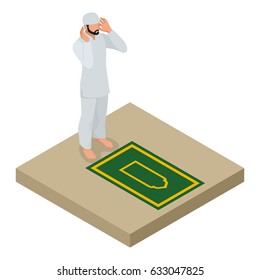 Muslim man prays flat vector isometric illustration on white background