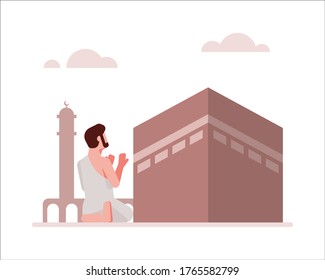 A Muslim Man Prays In Front Ff The Kaaba Illustration