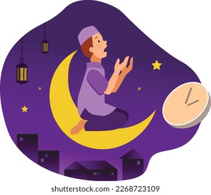 A muslim man prays to God in the middle of the night. Suitable to use as Social Media Content, Greeting Cards, Landing Page, Mobile Apps, and Website.  FREELY ADJUSTED POSE. A Simple Flat Illustration