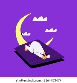 Muslim man prays on the carpet against the background of the moon. Ramadan Kareem. Islam. Muslim prayer. Flat vector illustration.