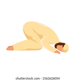 Muslim man prays in traditional white clothes with skullcap. Vector illustration in flat cartoon style