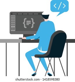 A Muslim man programmer works writing code on the monitor screen illustration.
