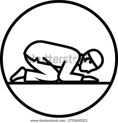 Muslim man prostrating during prayer icon. Represents religious devotion and qibla direction in islam. Spiritual worship.