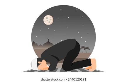 A Muslim man in prostration prayer position on prayer mat at night with a mosque in the desert in background . Vector illustration.