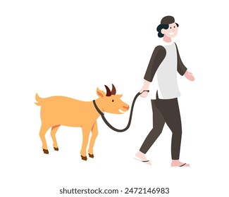 Muslim Man Pulling goat sheep for Sacrifice Islamic Festival Eid Al Adha Mubarak Vector Illustration.