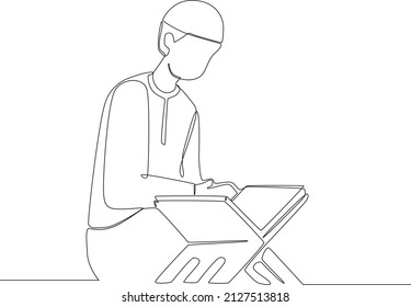 Un musulmán es leído Al-Qur'an luego de rezar en Ramadán. Ramadan Kareem. Familia musulmana. Actividad de Ramadán. Ilustración vectorial.