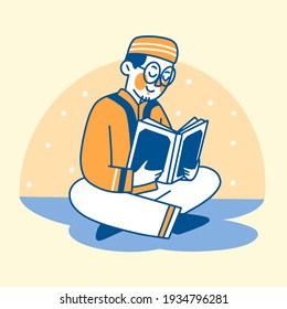 Muslim Man Reading Holy Quran At Ramadan Night Doodle Vector Illustration