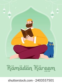 Muslim man reading the Koran in the month of Ramadan illustration