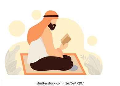 Muslim man reading and learning holy quran vector illustration design. Ramadan Kareem Vector Illustration