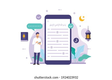 Muslim man reading the quran on smartphone mobile app vector illustration. Translation is "in the name of Allah"