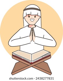 Muslim man reads holy book quran turning to god allah sits in mosque or religious place for prayer. Positive man in hijab studying arabic quran getting islamic traditional education
