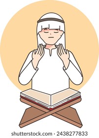 Muslim man reads holy book quran turning to god allah sits in mosque or religious place for prayer. Positive man in hijab studying arabic quran getting islamic traditional education