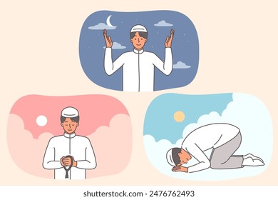 Muslim man reads namaz and prays to god at different times of day, observing rules of islam described in koran. Devout person performs momaz to become closer to god or receive theology from allah