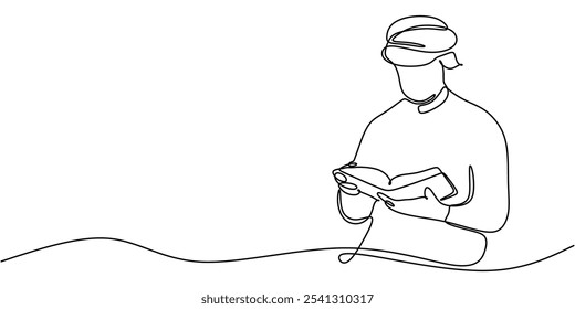 Hombre musulmán recitando el Corán. Dibujo continuo de una línea que representa el concepto de Religión en estilo dibujado a mano.