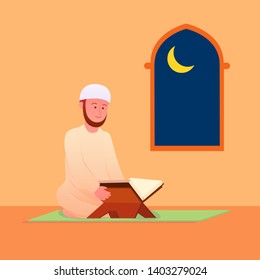 Muslim Man Reciting Quran, Islamic Holy Book After Praying Illustration