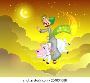 Muslim man ridding on sheep wishing Eid mubarak, Happy Eid in vector
