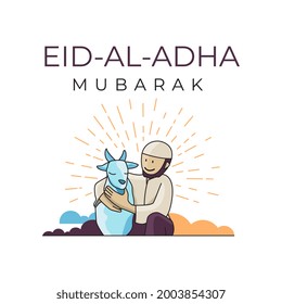 Muslim man with sacrifice animal goat for Eid Al Adha Mubarak. Vector Illustration. 