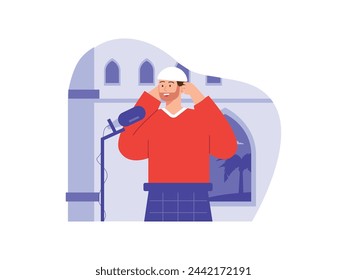 Muslim man with sarong and cap performing adhan in mosque, religious culture in Asia. Character design. Vector flat illustration