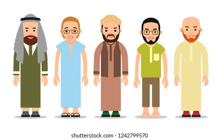 Muslim man. Set Muslim or Arab man stand in the traditional clothing. Isolated characters of representatives of Islam on a white background in a flat style.
