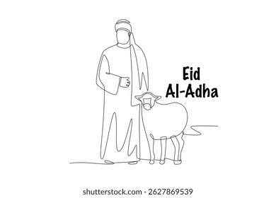 Muslim man and sheep. Eid al-adha concept one-line drawing
