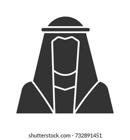 Muslim man silhouette glyph icon. Silhouette symbol. Muslim traditional clothes. Arab, turk. Islamic culture. Negative space. Vector isolated illustration