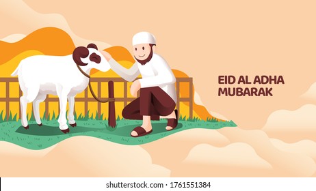 muslim man sit with sacrifice animal goat or sheep for eid al adha mubarak celebration 